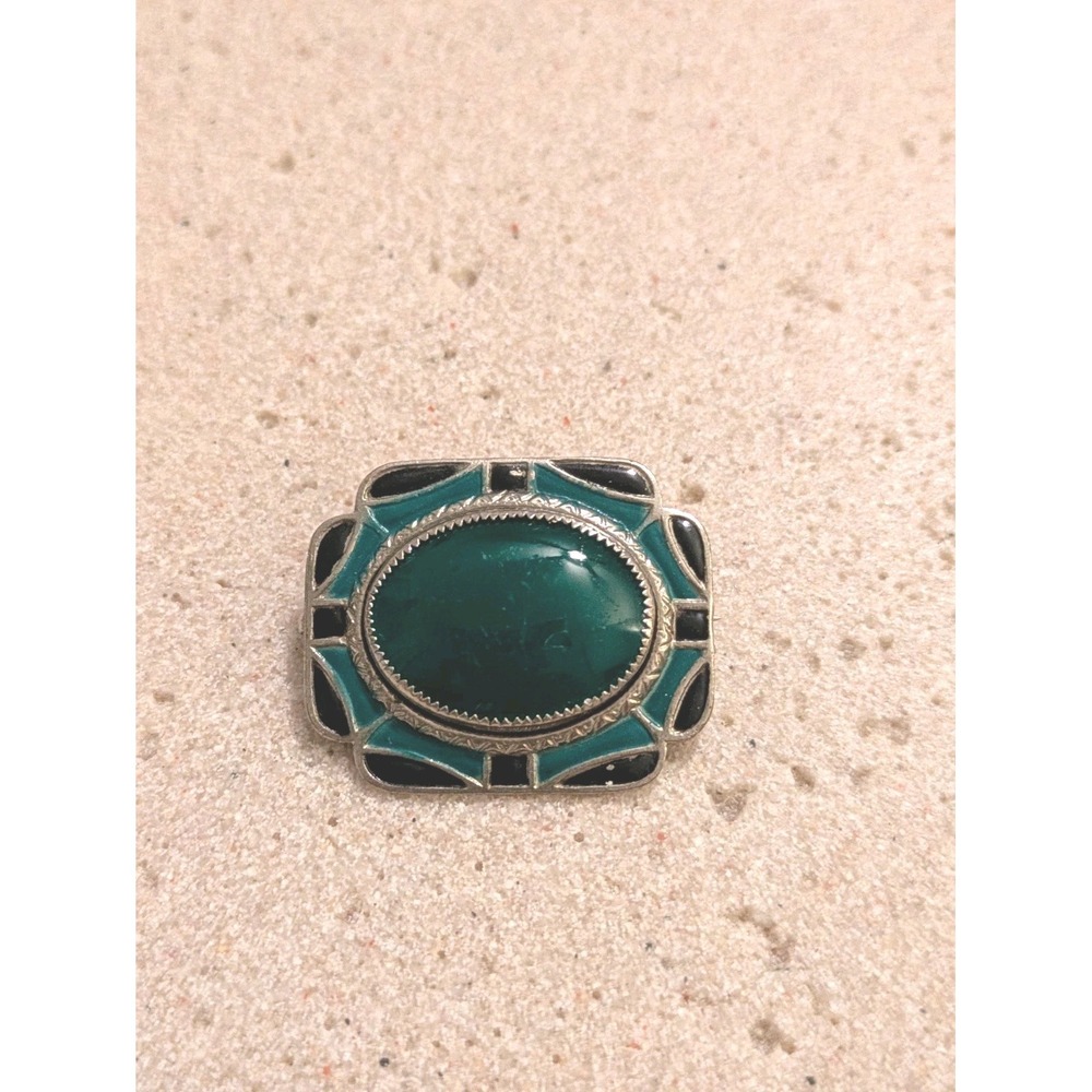 Vintage Enamel Brooch In Silver Tone Black‎ & Dark Teal Green Rectangle Small